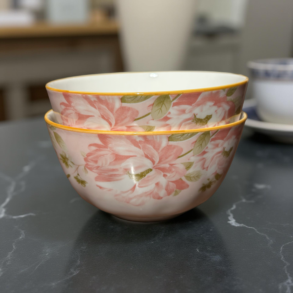 Ceramic Bowl Set of 2 – Elegant Pink Floral Design for Serving & Dining