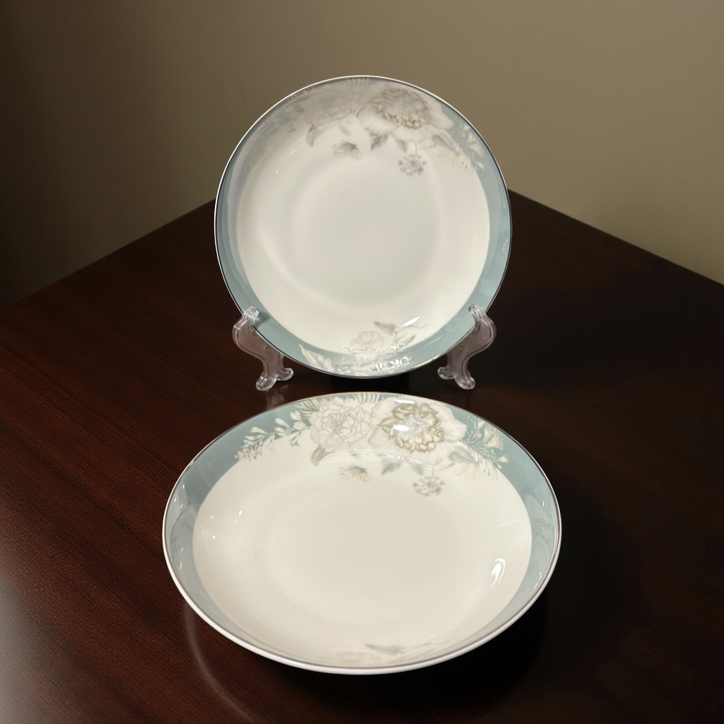 Pastel Blue Rim Ceramic Plates with Subtle Floral Design