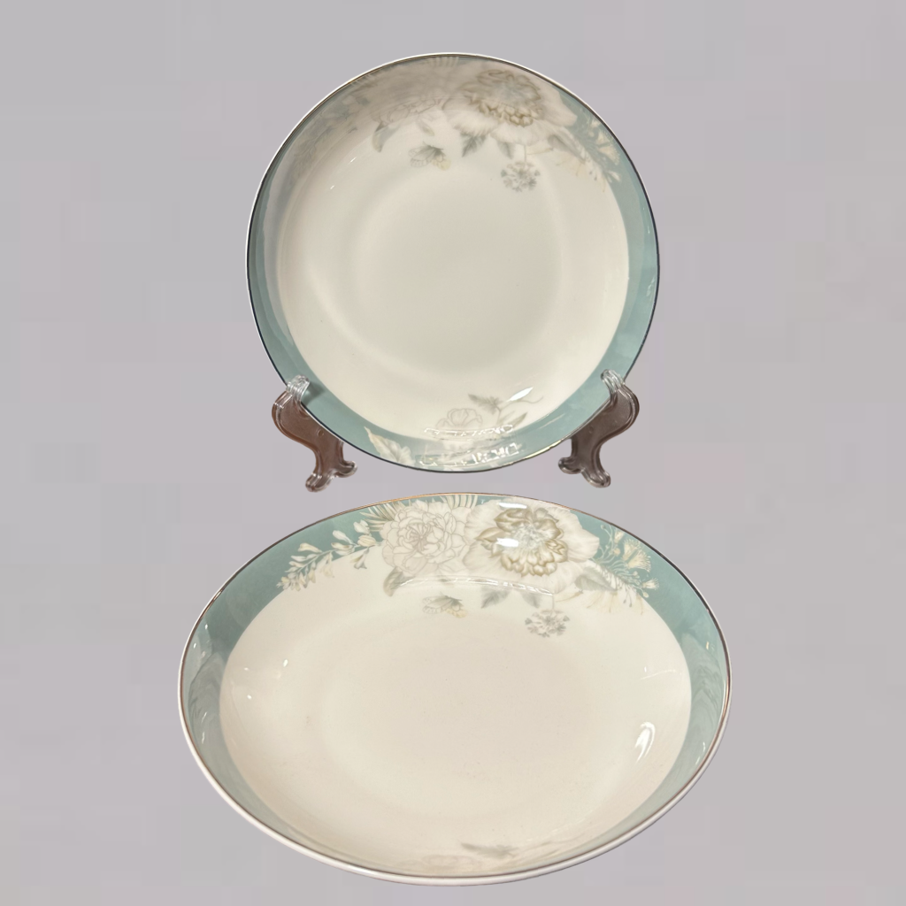 Pastel Blue Rim Ceramic Plates with Subtle Floral Design