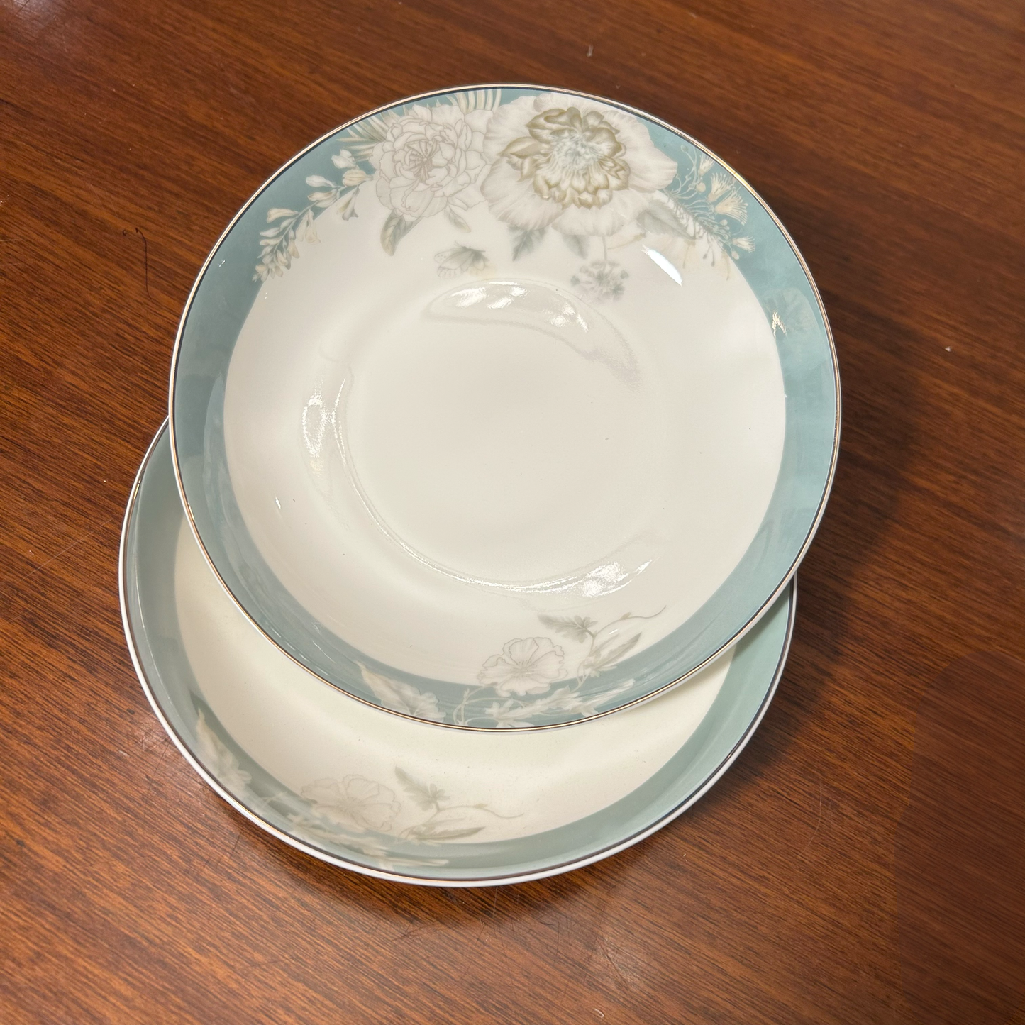 Pastel Blue Rim Ceramic Plates with Subtle Floral Design