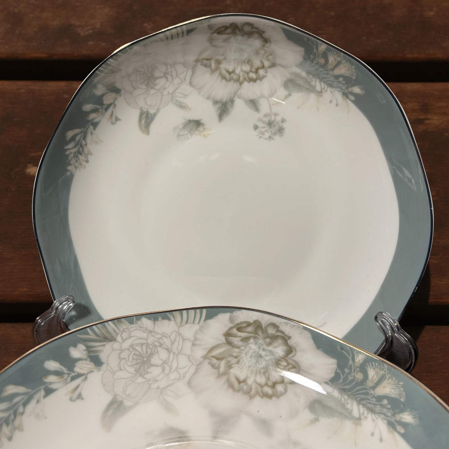 Elegant Blue Floral Octagon Ceramic Plates Set of 2