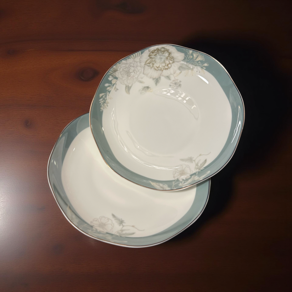 Elegant Blue Floral Octagon Ceramic Plates Set of 2