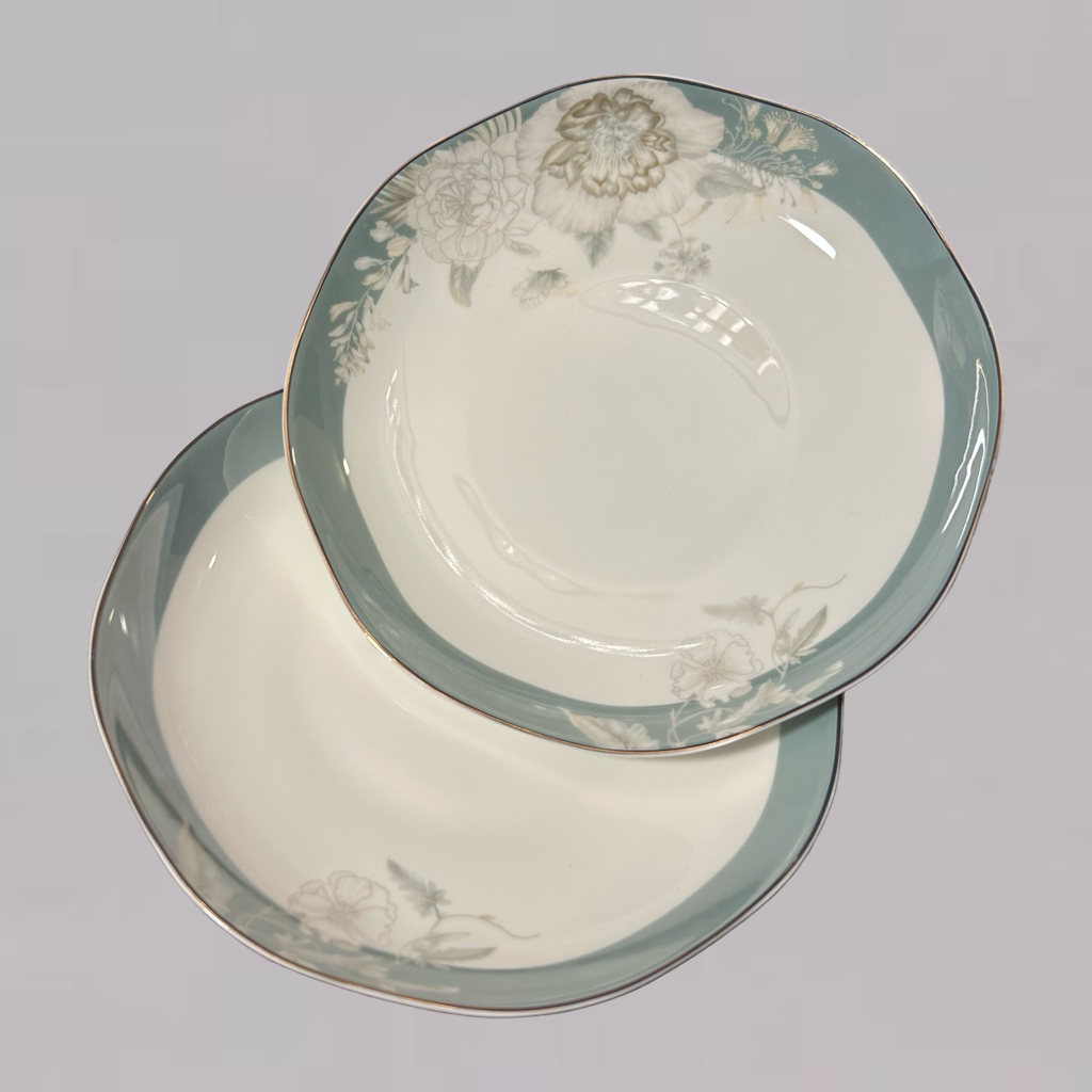 Elegant Blue Floral Octagon Ceramic Plates Set of 2