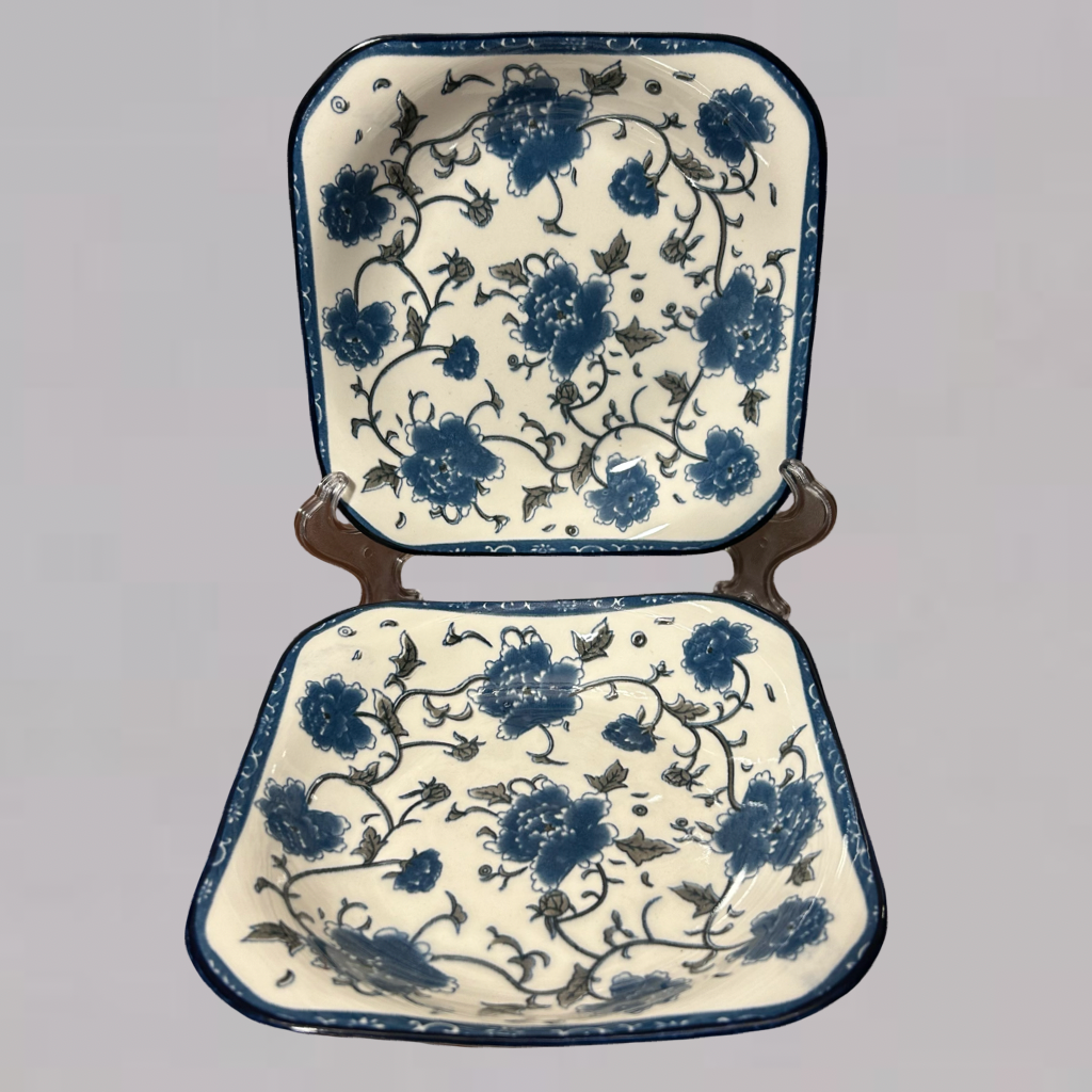 Traditional Blue and White Square Ceramic Plates Set of 2