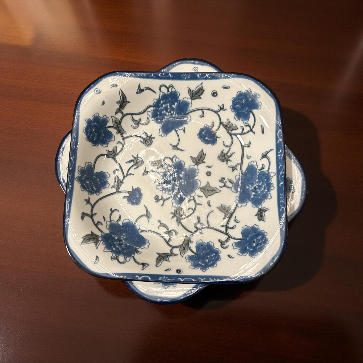 Traditional Blue and White Square Ceramic Plates Set of 2