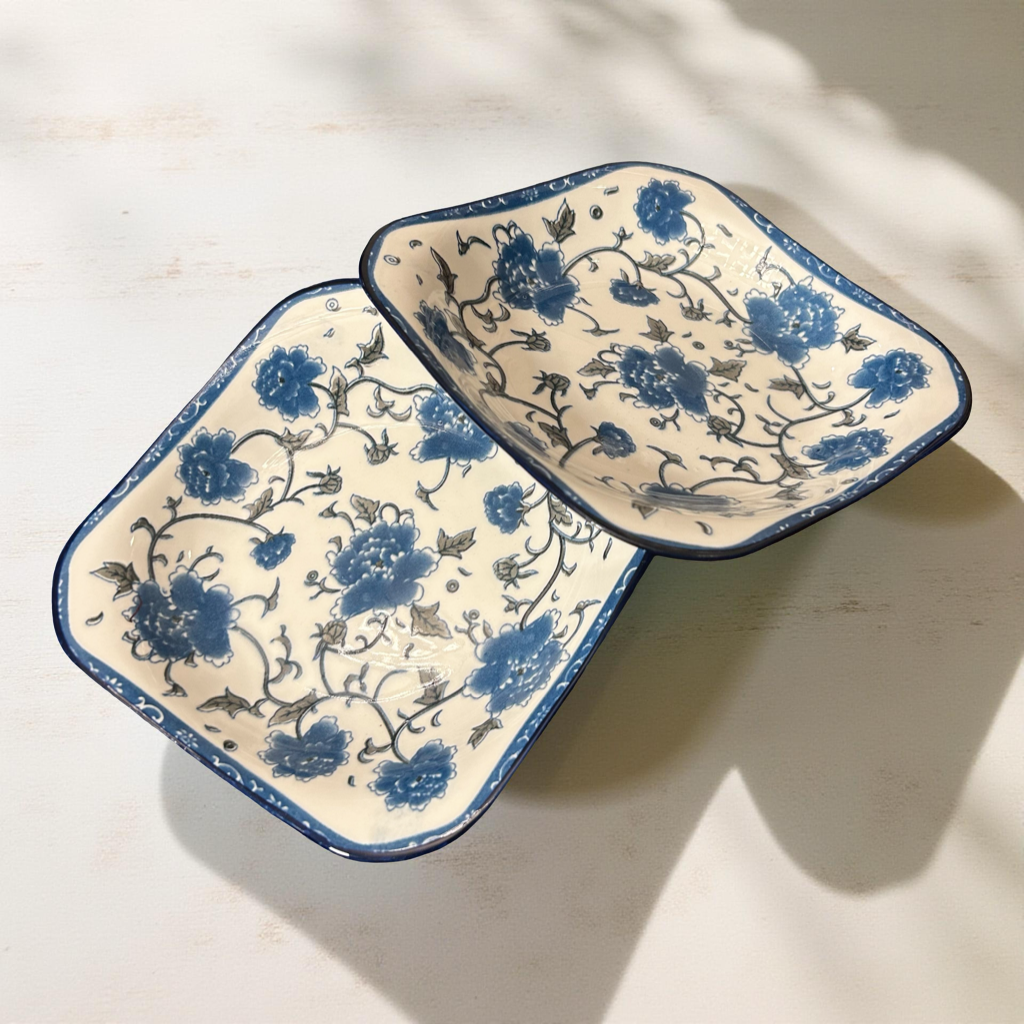 Traditional Blue and White Square Ceramic Plates Set of 2
