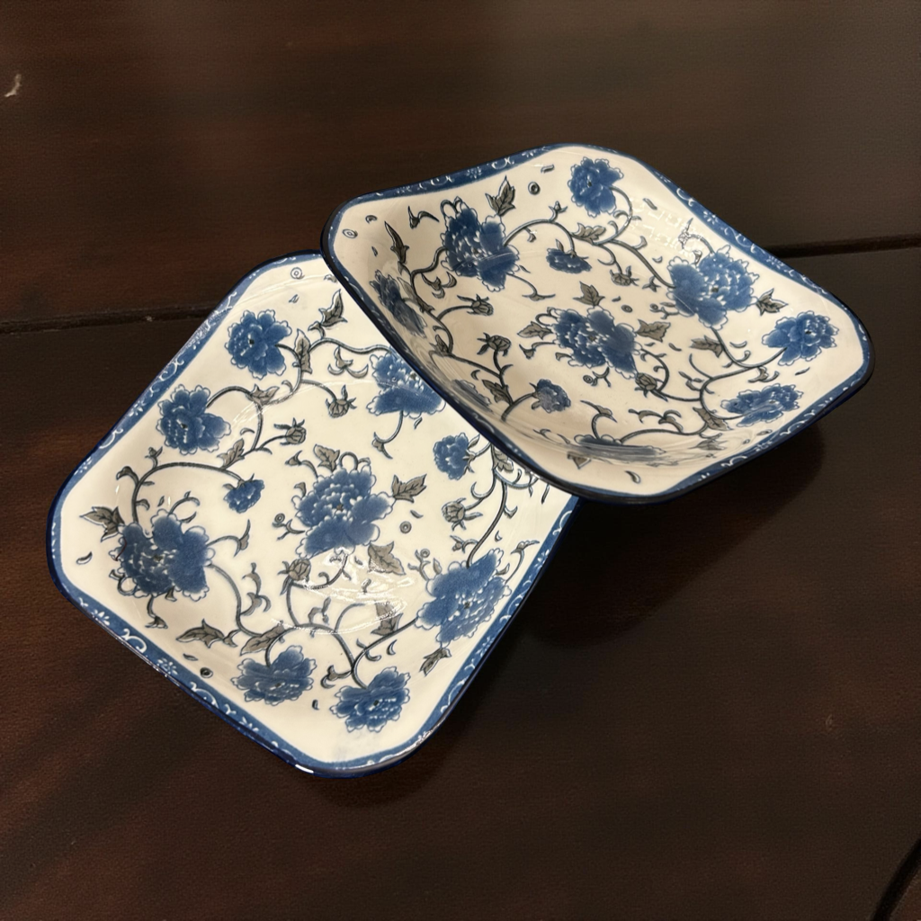 Traditional Blue and White Square Ceramic Plates Set of 2