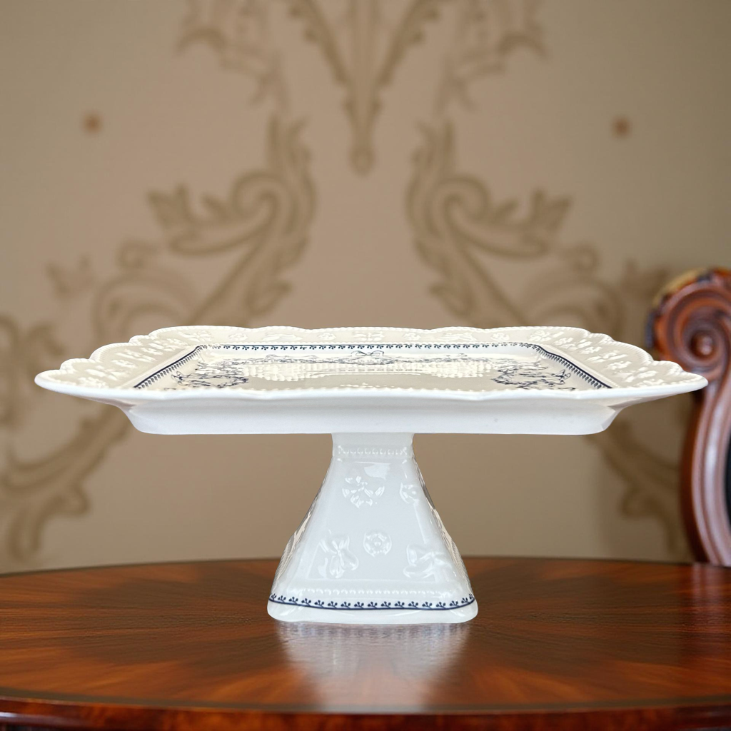 Elegant White Ceramic Cake/Snacks Stand with Blue Detailing (M)