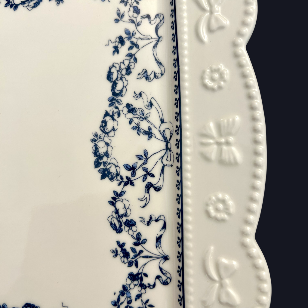 Elegant White Ceramic Cake/Snacks Stand with Blue Detailing (M)