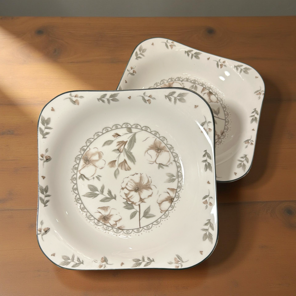 Rustic Beige Floral Ceramic Plates Set of 2 (S)