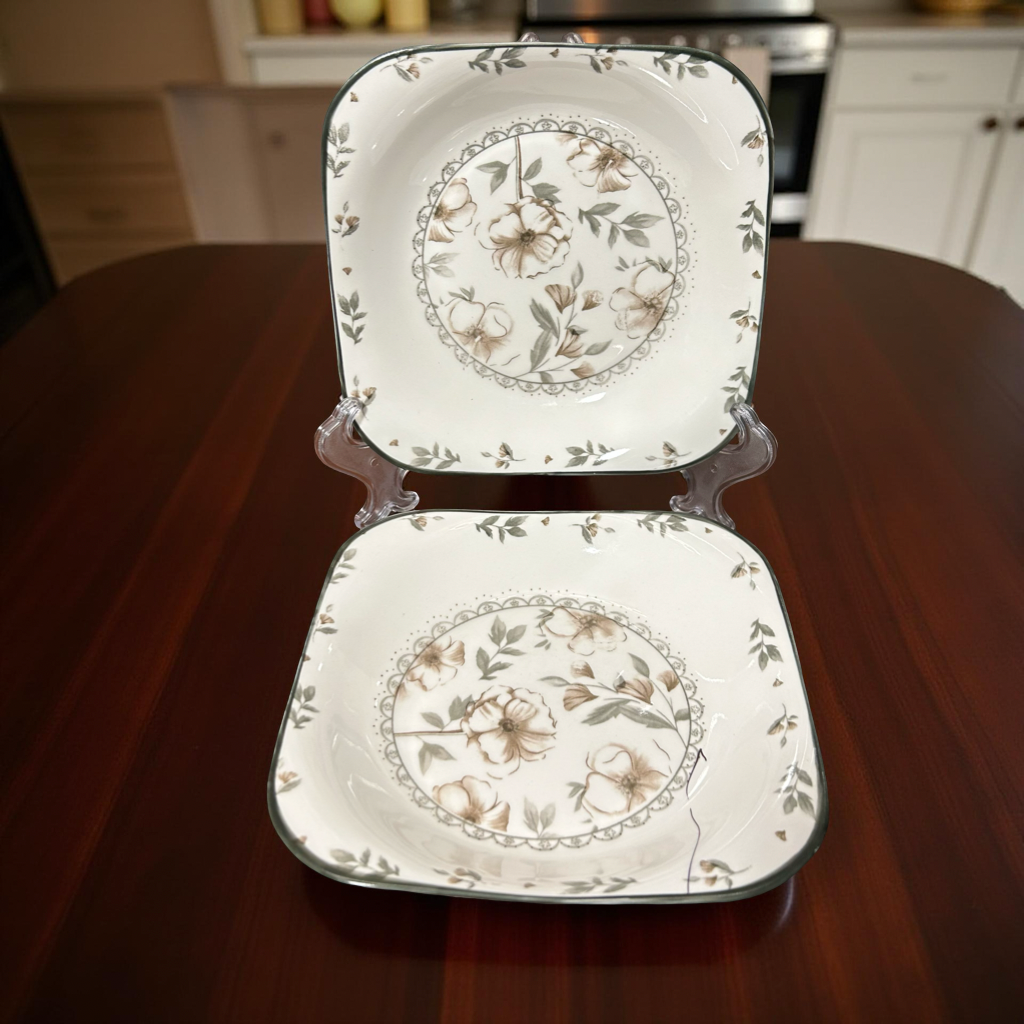 Rustic Beige Floral Ceramic Plates Set of 2 (S)