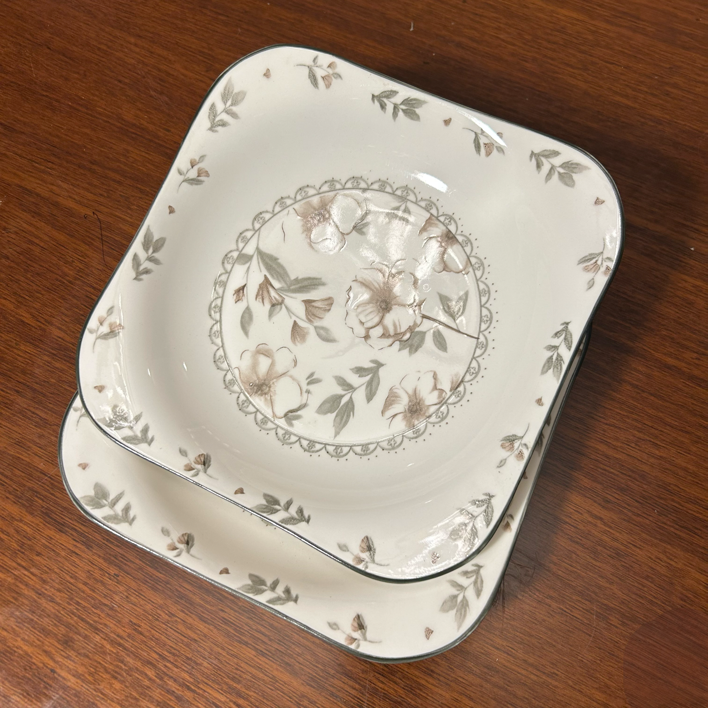 Rustic Beige Floral Ceramic Plates Set of 2 (S)