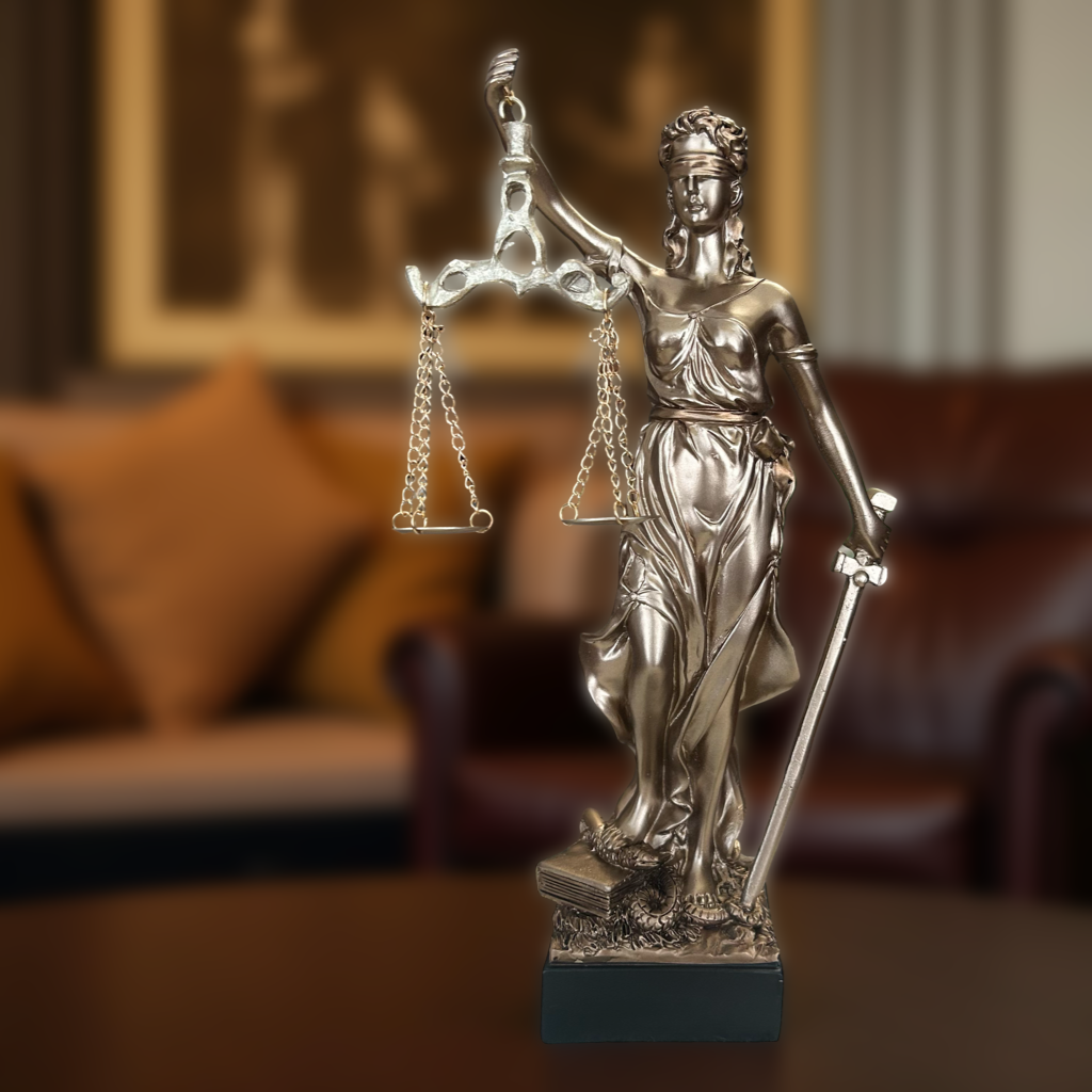 Elegant Blind Justice Statue – Legal Scales and Sword Figurine