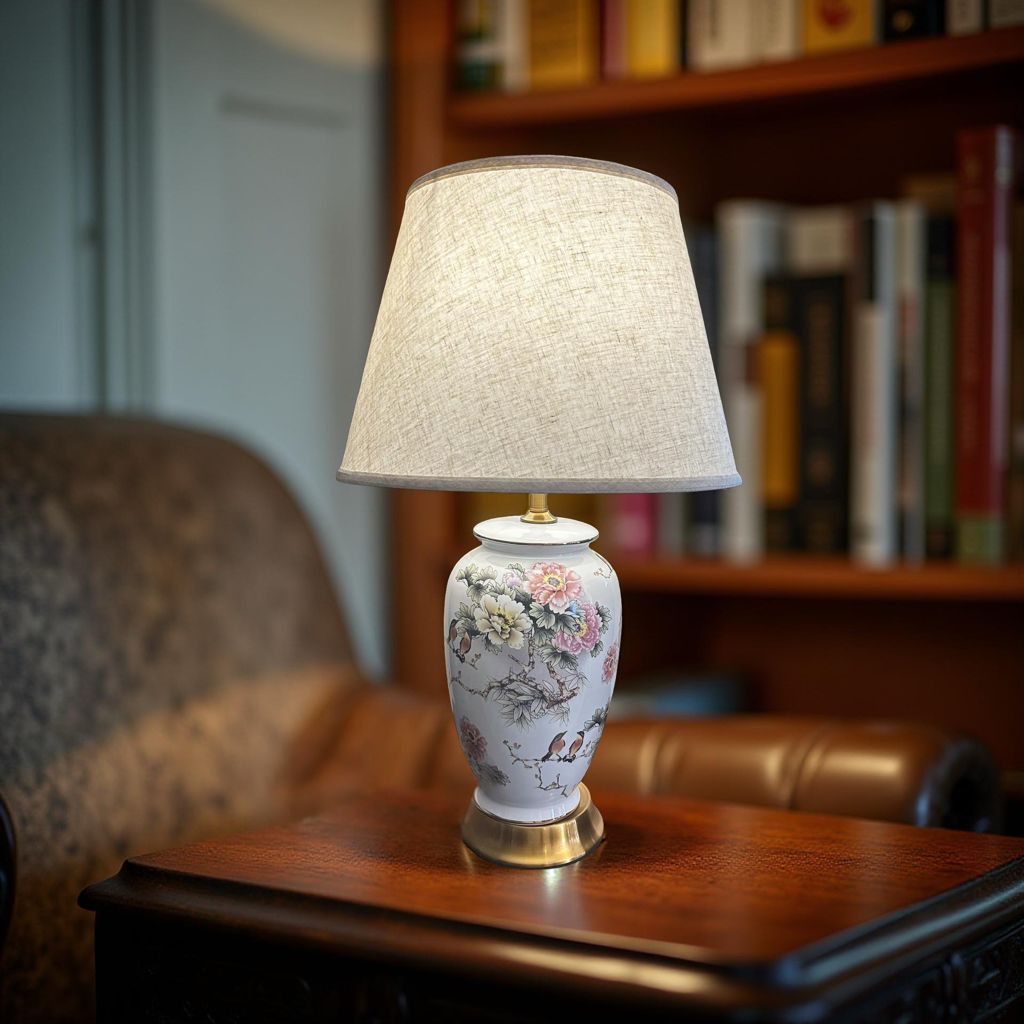 Artisan Ceramic Lamp with Shade – Traditional Floral Decorative Lighting