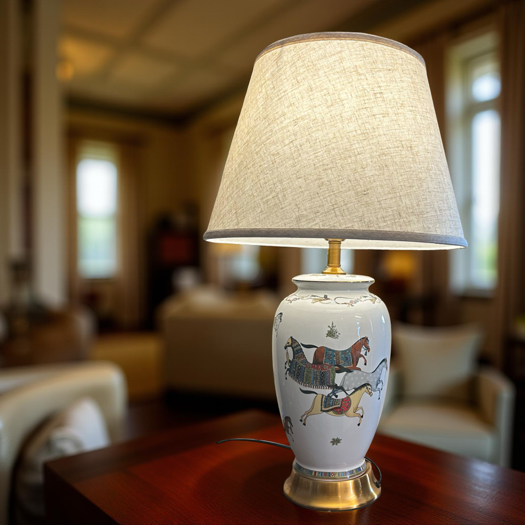Classic White Ceramic Lamp with Horse Pattern – Premium Tabletop Light