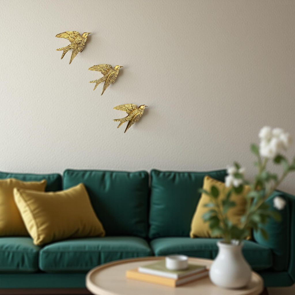 Set of 3 Golden Flying Bird Wall Hangings Towards Right Direction