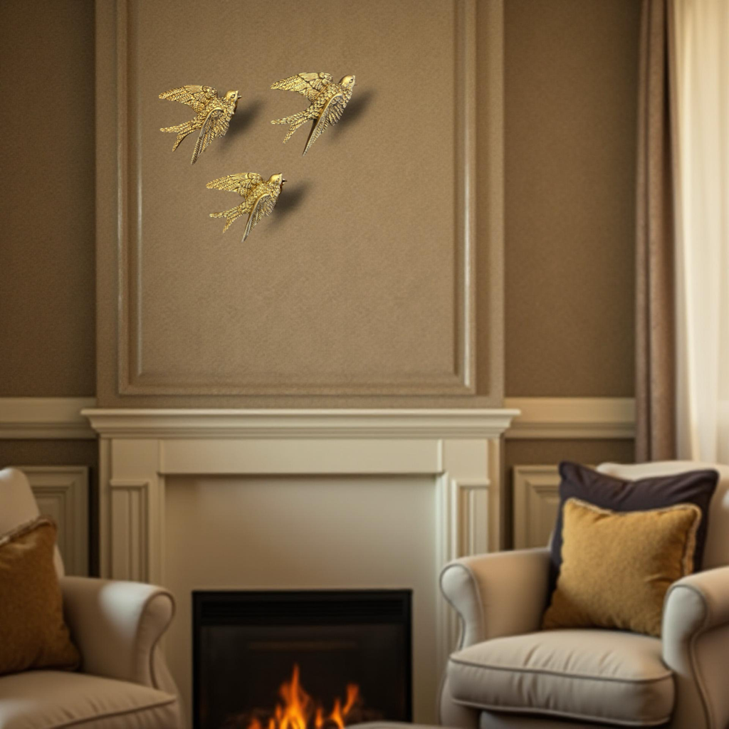 Set of 3 Golden Flying Bird Wall Hangings Towards Right Direction
