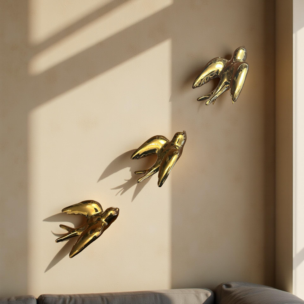 Elegant Golden Bird Wall Décor towards Right Direction - Set of 3