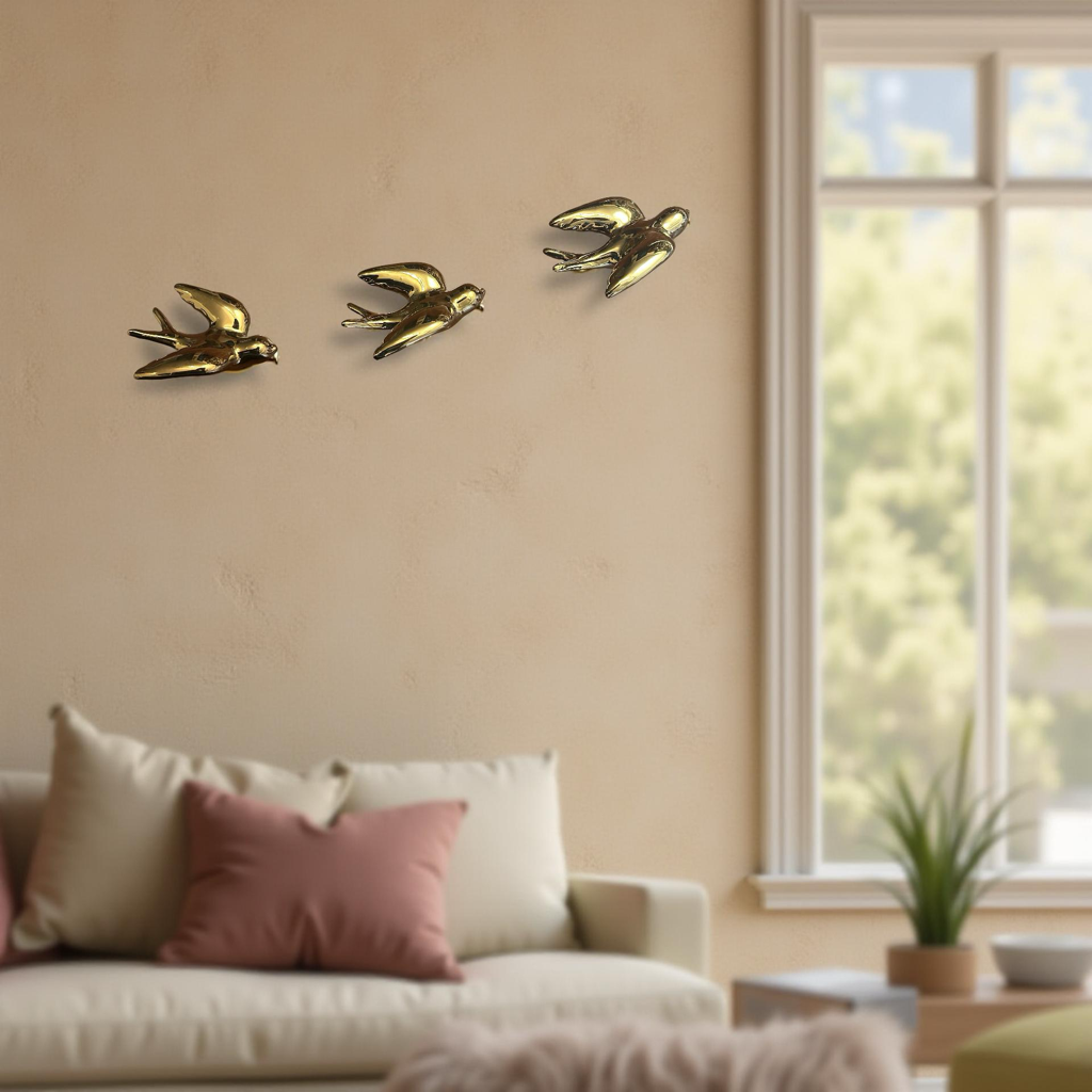 Elegant Golden Bird Wall Décor towards Right Direction - Set of 3