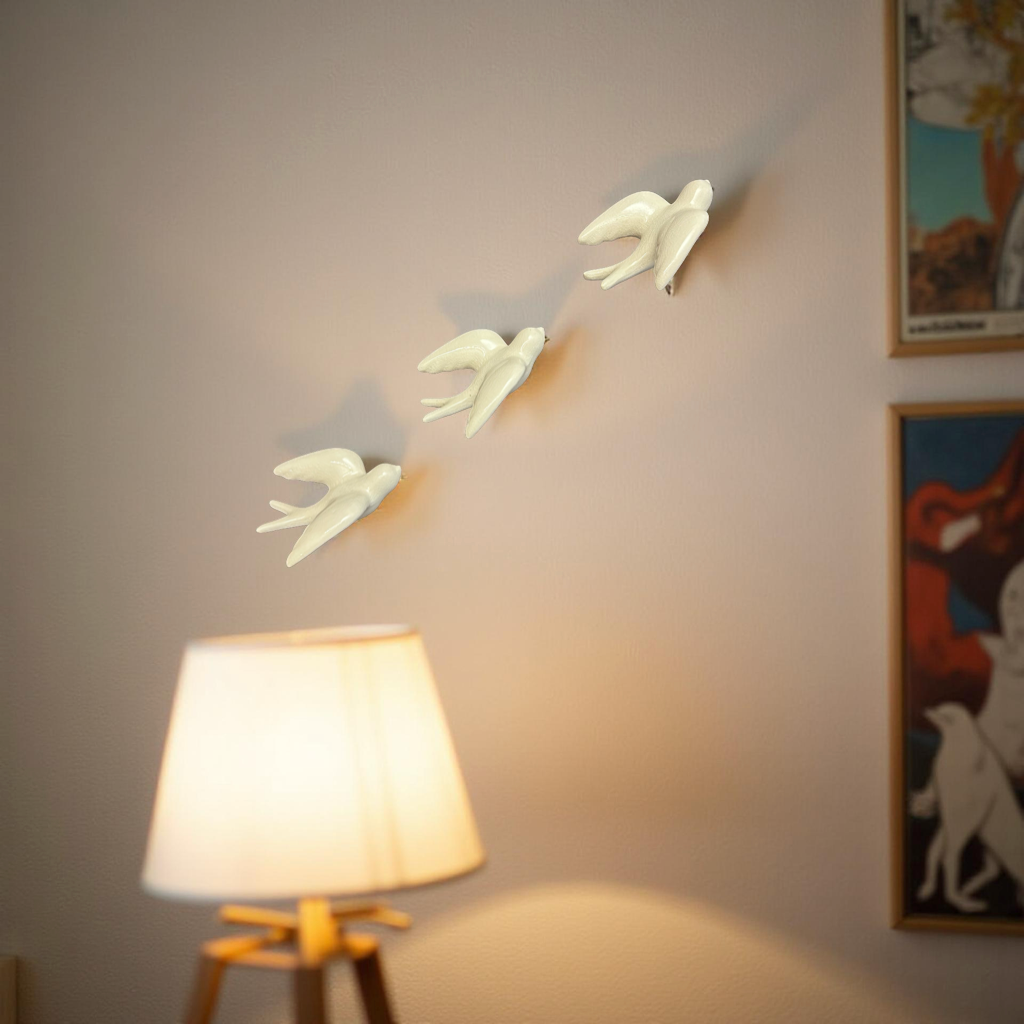 Elegant White Bird Wall Décor towards Right Direction - Set of 3