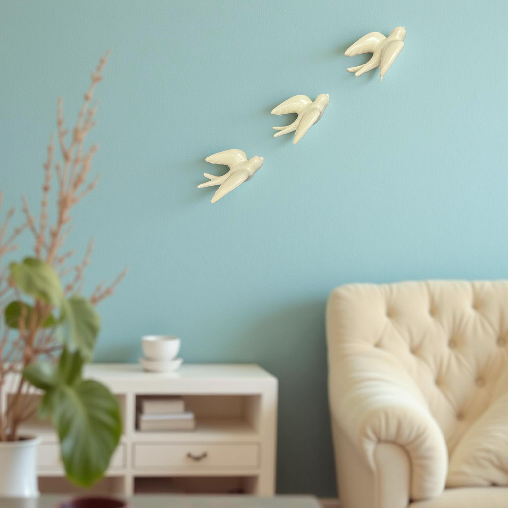 Elegant White Bird Wall Décor towards Right Direction - Set of 3