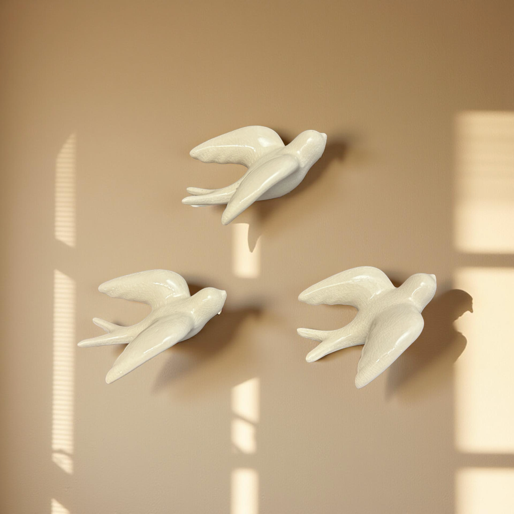 Elegant White Bird Wall Décor towards Right Direction - Set of 3