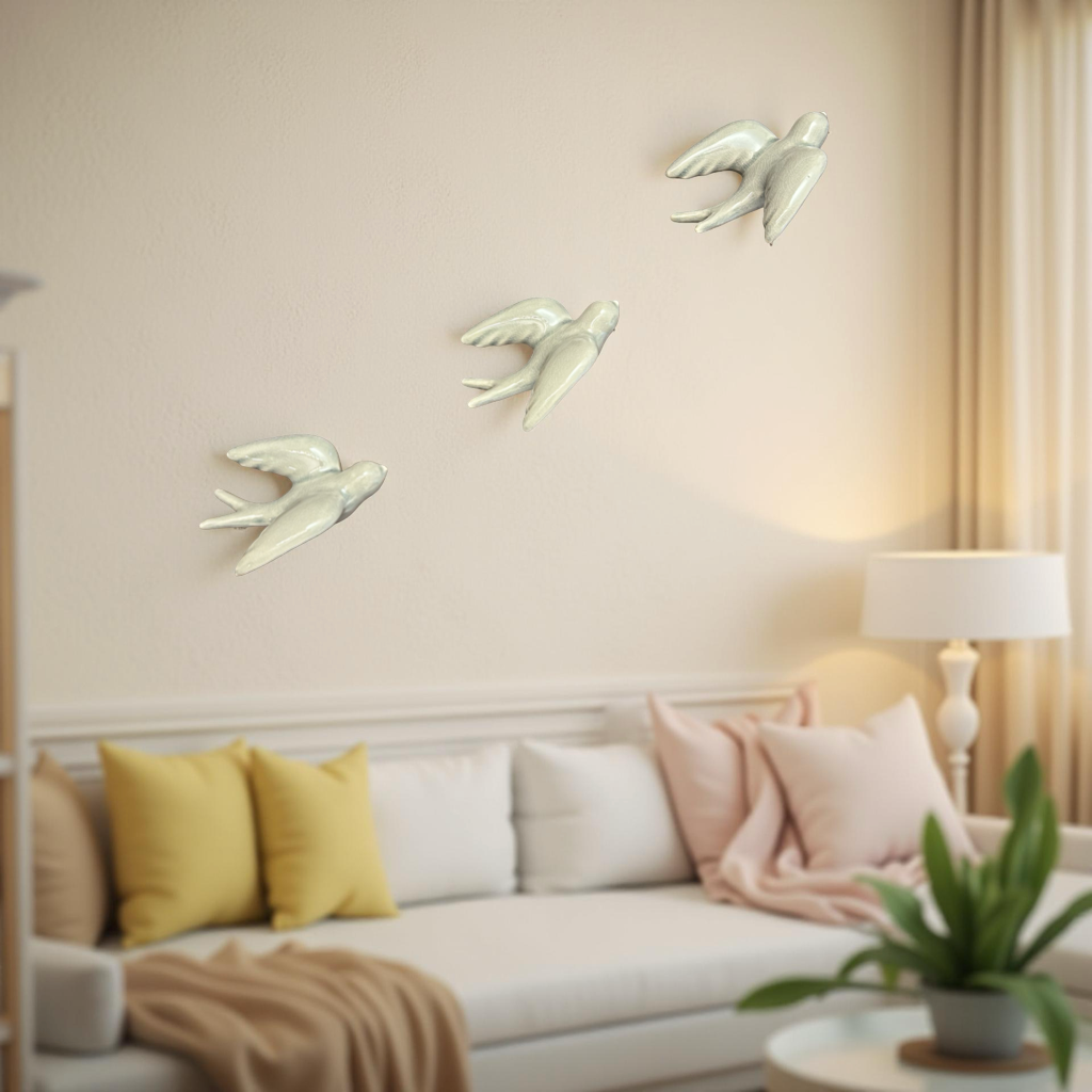 Elegant White Bird Wall Décor towards Right Direction - Set of 3