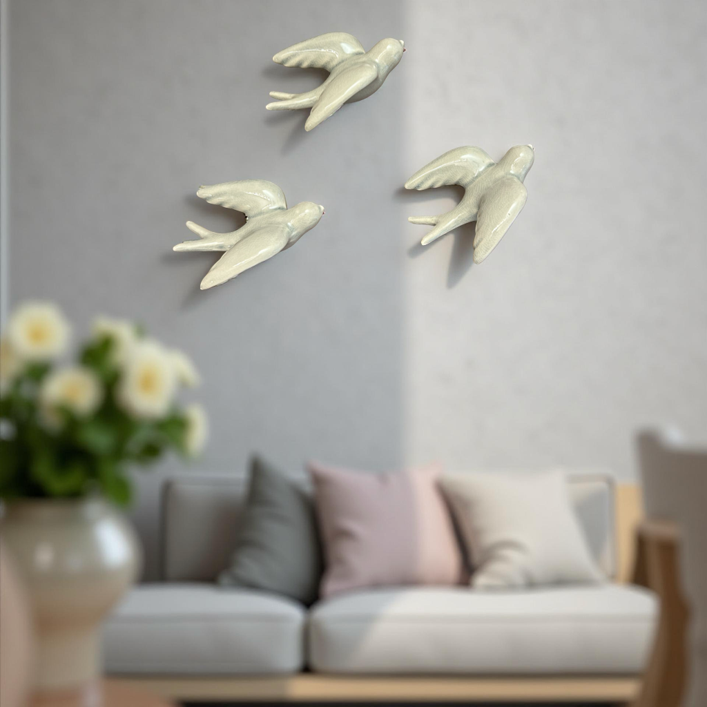 Elegant White Bird Wall Décor towards Right Direction - Set of 3