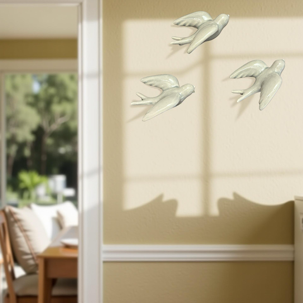 Elegant White Bird Wall Décor towards Right Direction - Set of 3