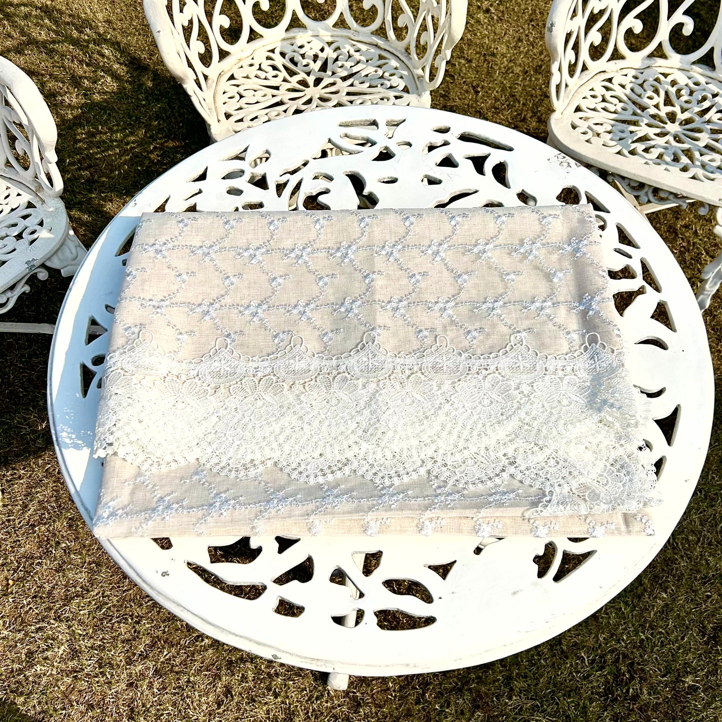 Ivory Embroidered Rectangular Tablecloth with Elegant Lace Border