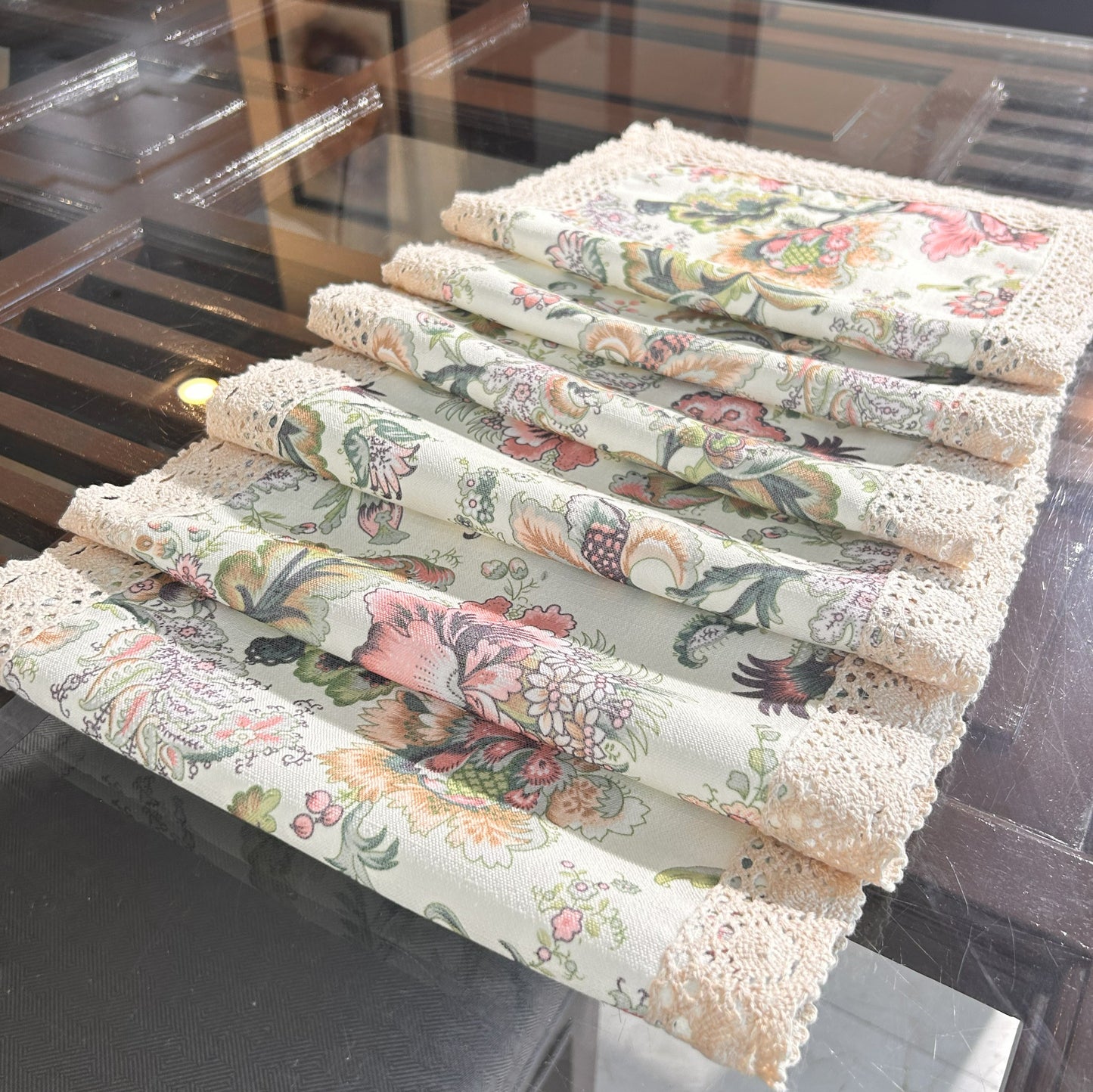 Floral Fabric Table Mat with Beige Lace