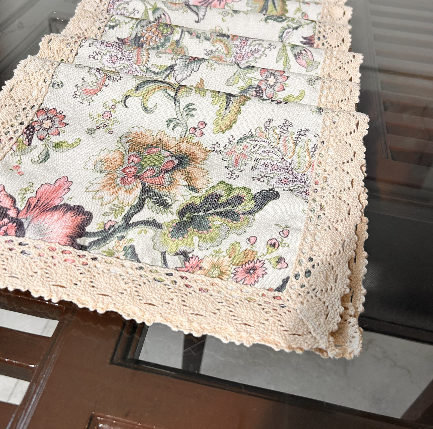 Floral Fabric Table Mat with Beige Lace