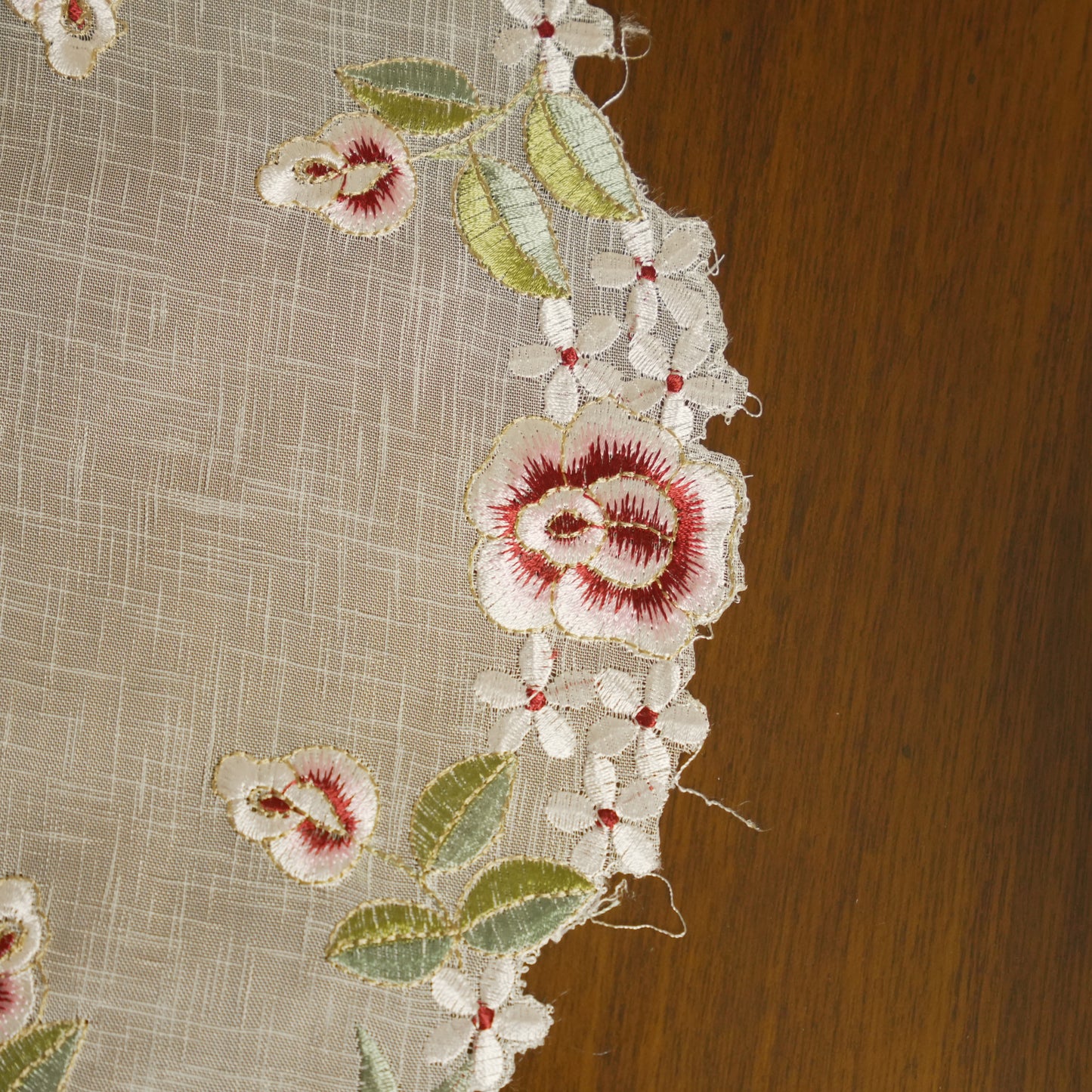 Rose Embroidered Round Lace Table Mat – Ivory & Burgundy (Set of 2)