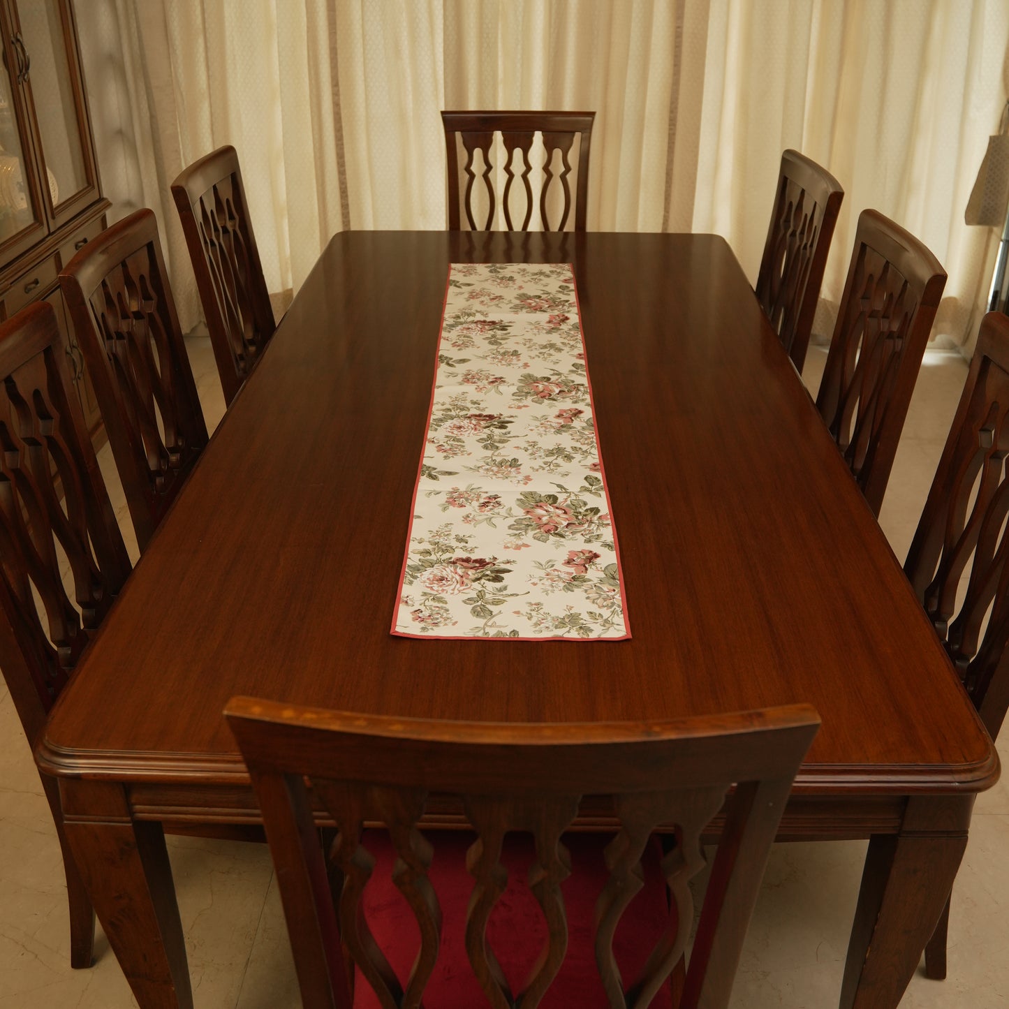 Vintage Rose Floral Table Runner with Red Edge Finish