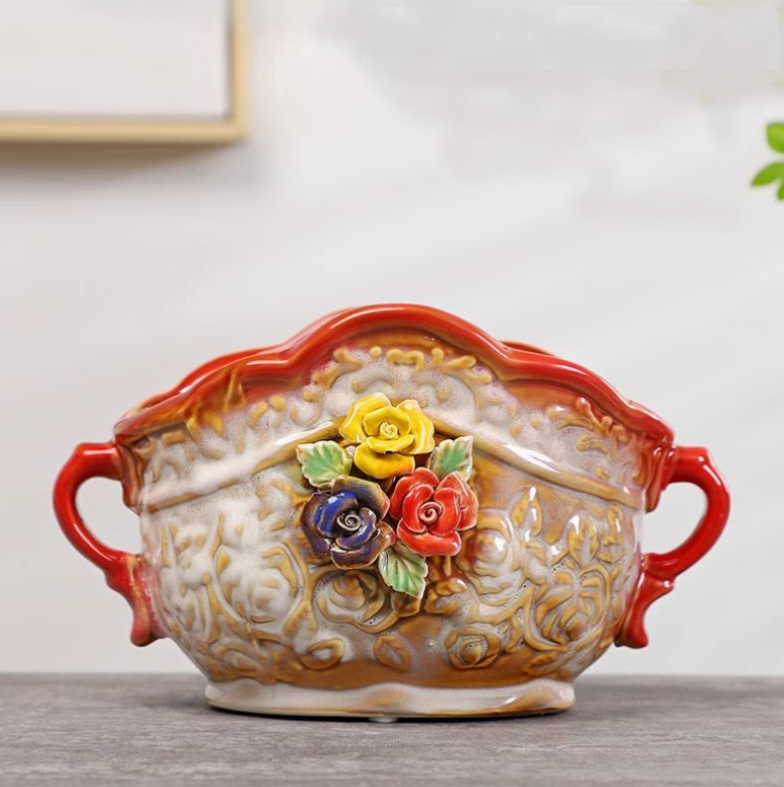 Ceramic Floral Vase with Multicolor Rose Accents