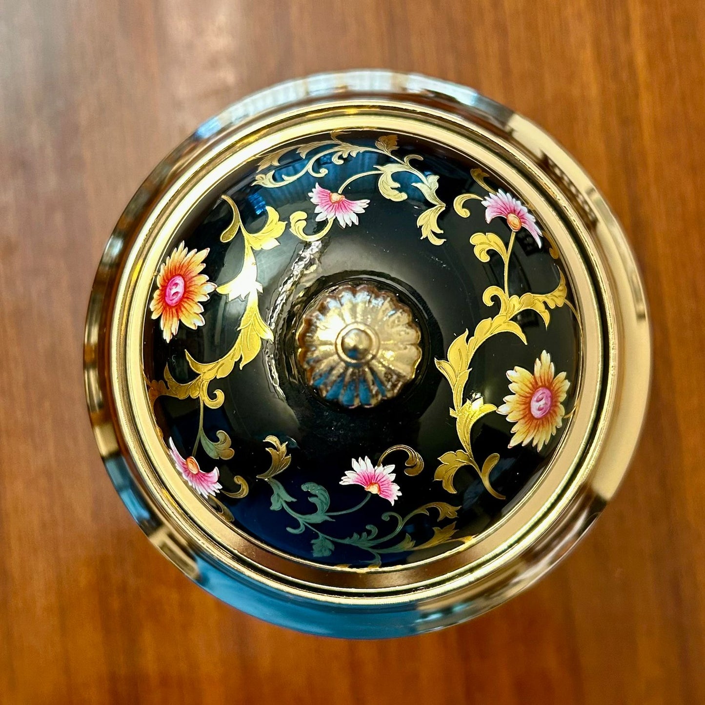 Vintage Table Clock with Golden Frame & Enamel Floral Design