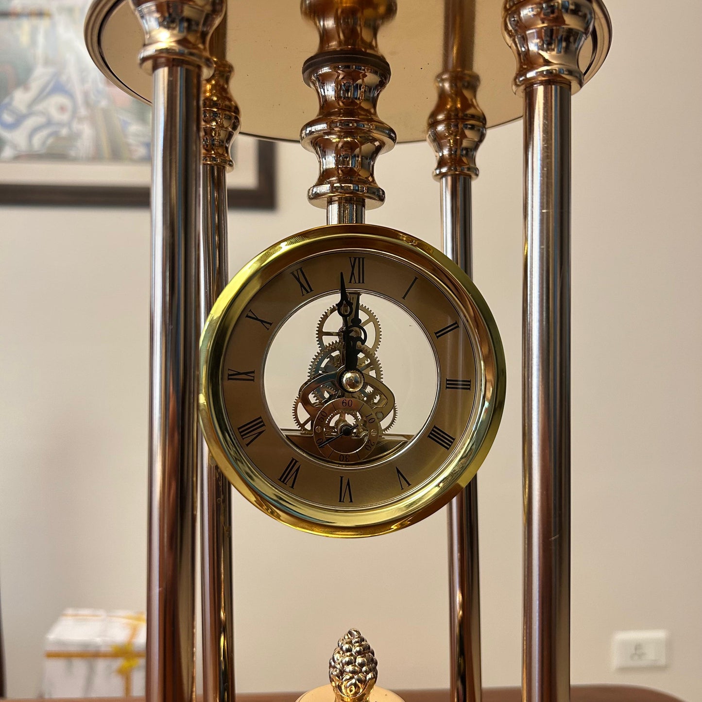 Vintage Table Clock with Golden Frame & Enamel Floral Design