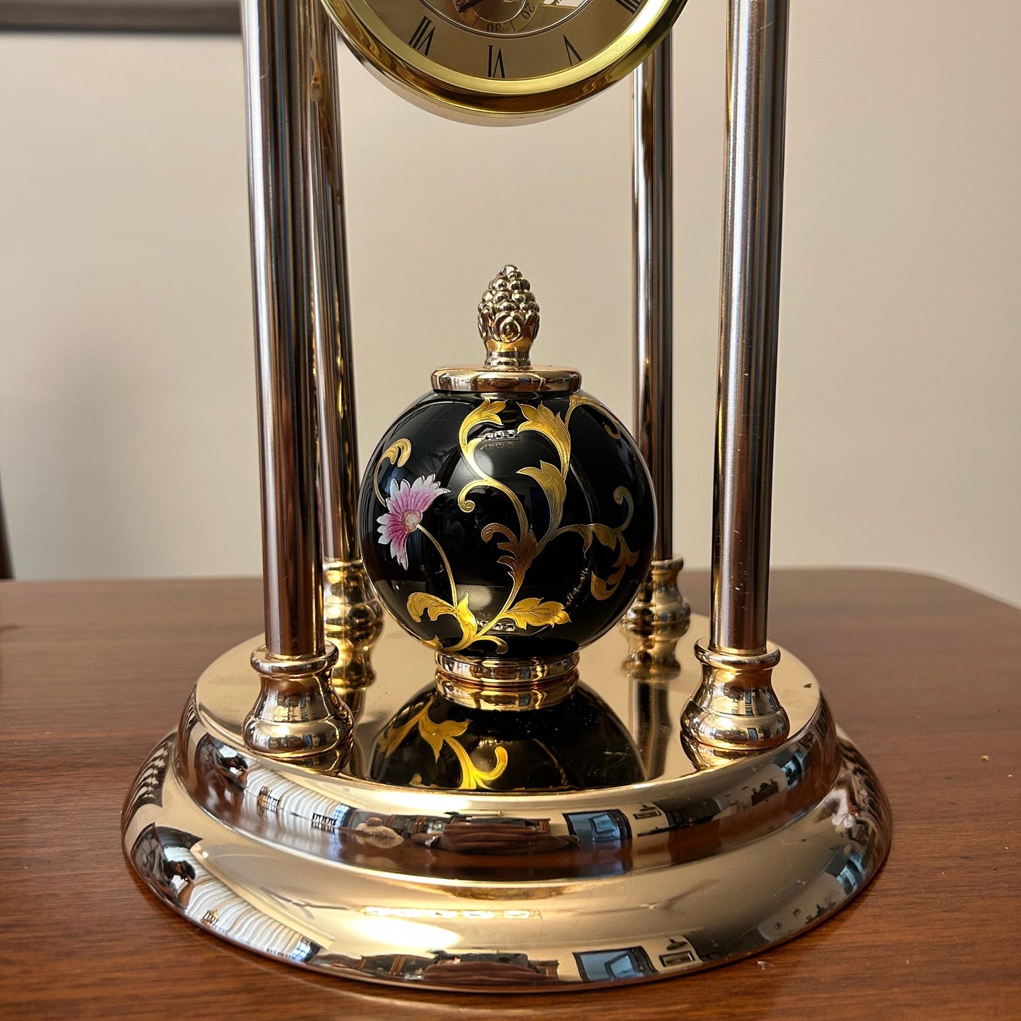 Vintage Table Clock with Golden Frame & Enamel Floral Design