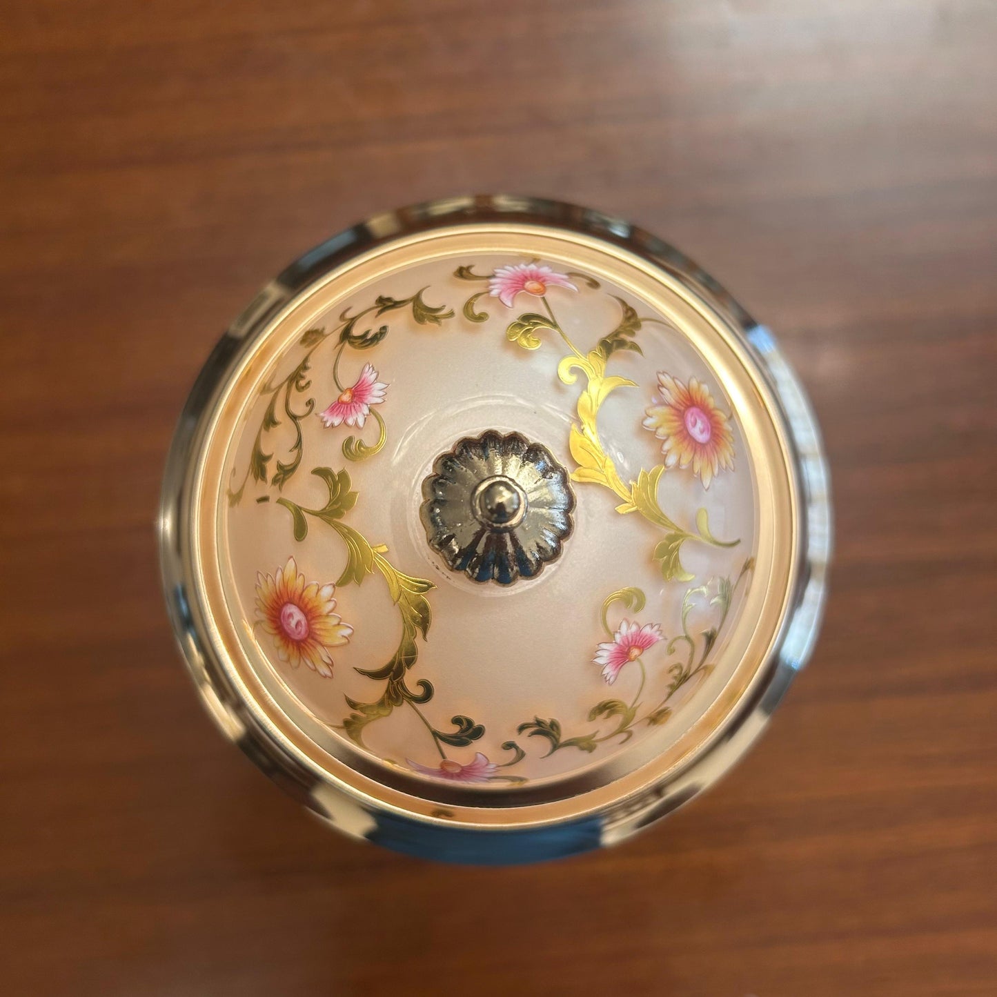 Golden Table Clock with Peach Enamel Floral Design