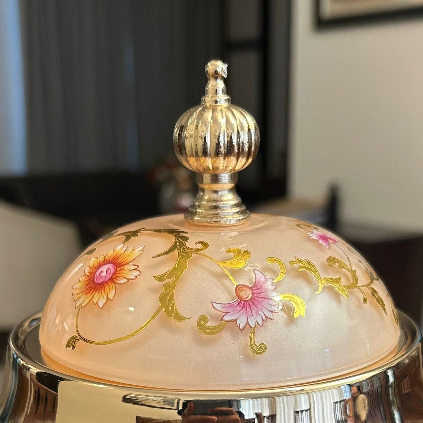 Golden Table Clock with Peach Enamel Floral Design