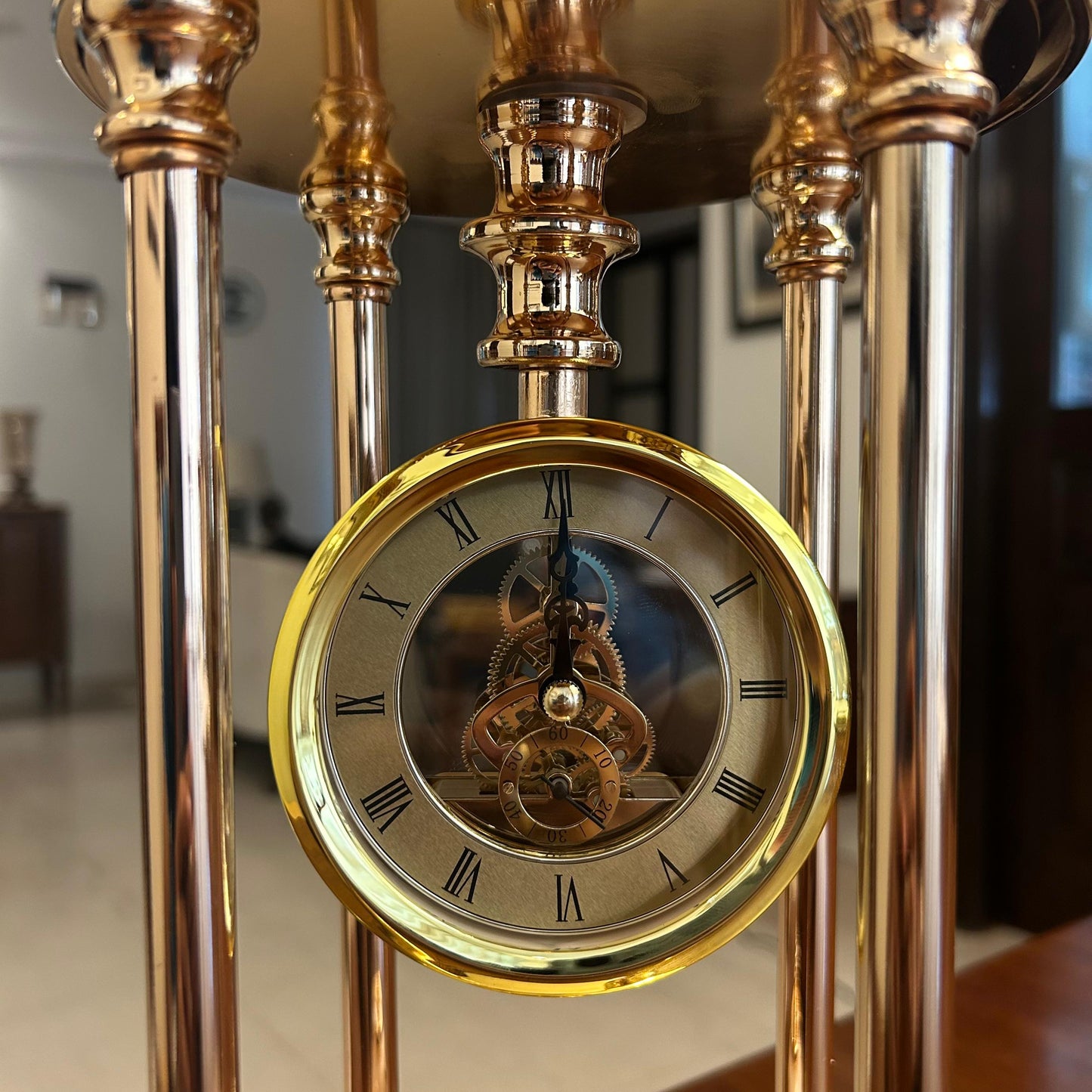 Golden Table Clock with Peach Enamel Floral Design