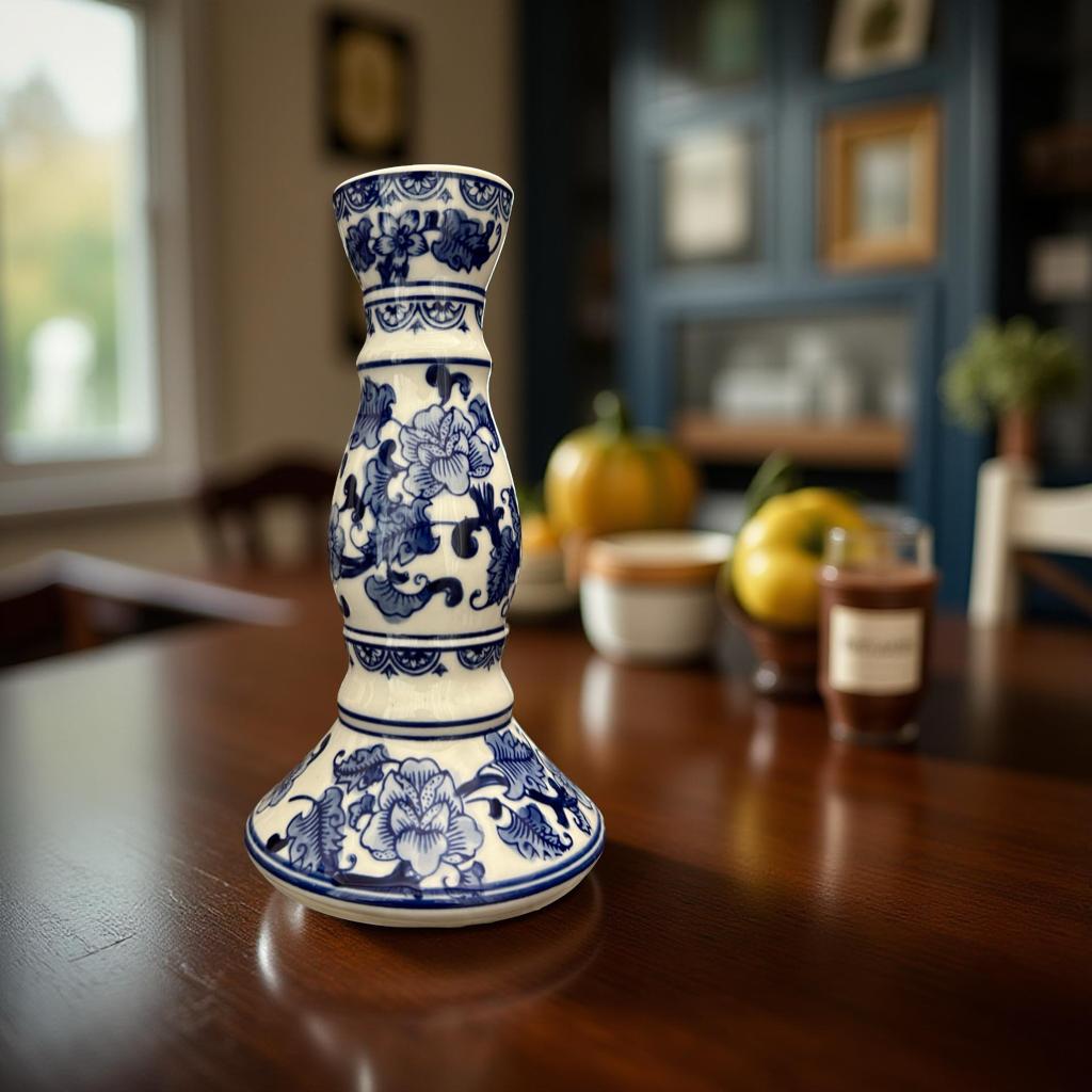 Elegant Blue & White Ceramic Candle Stand – Large