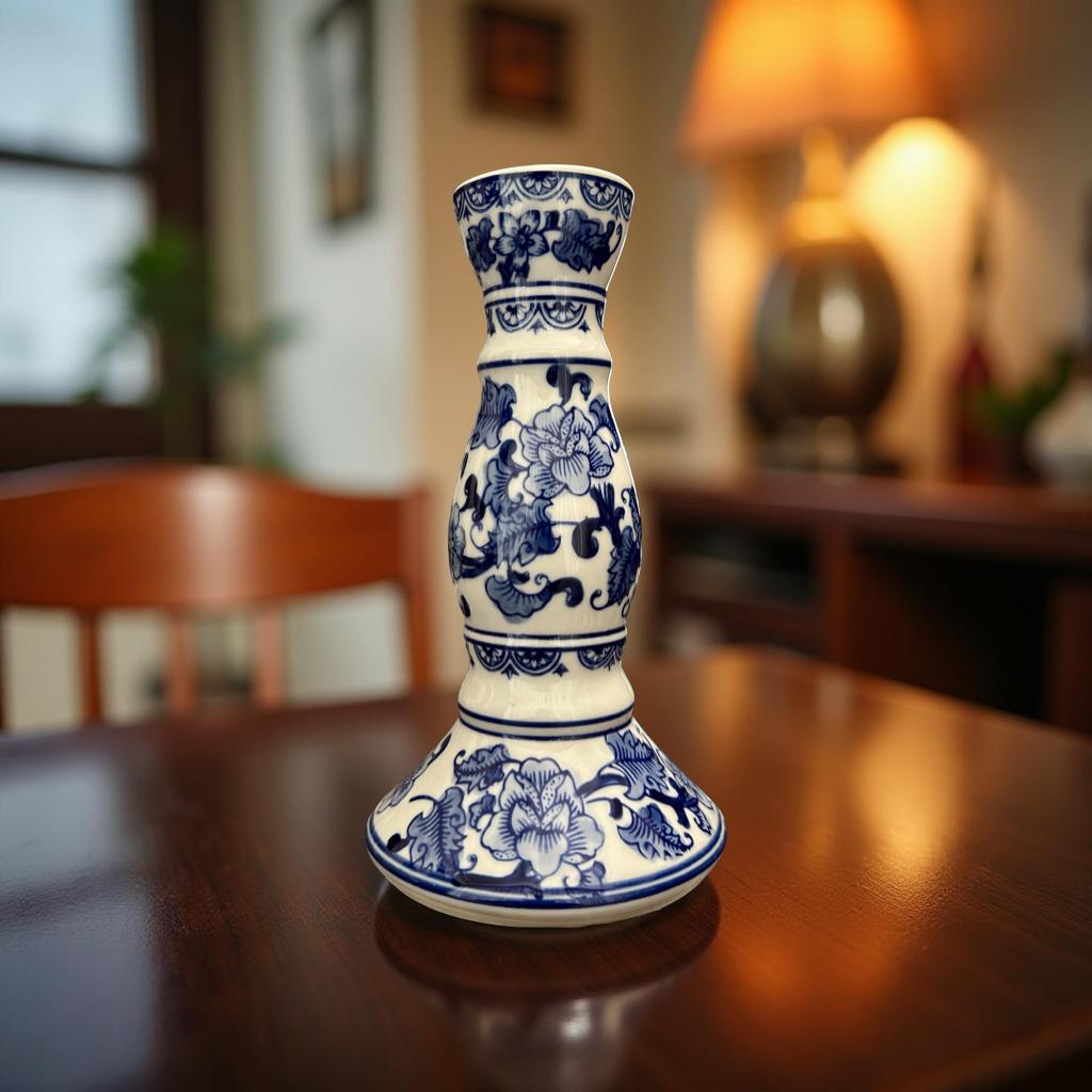 Elegant Blue & White Ceramic Candle Stand – Large
