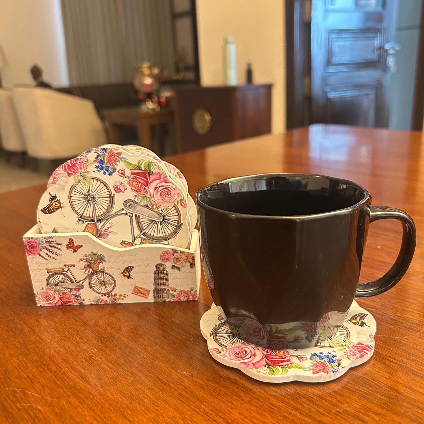 Wooden Coaster Set with Vintage Bicycle & Floral Print