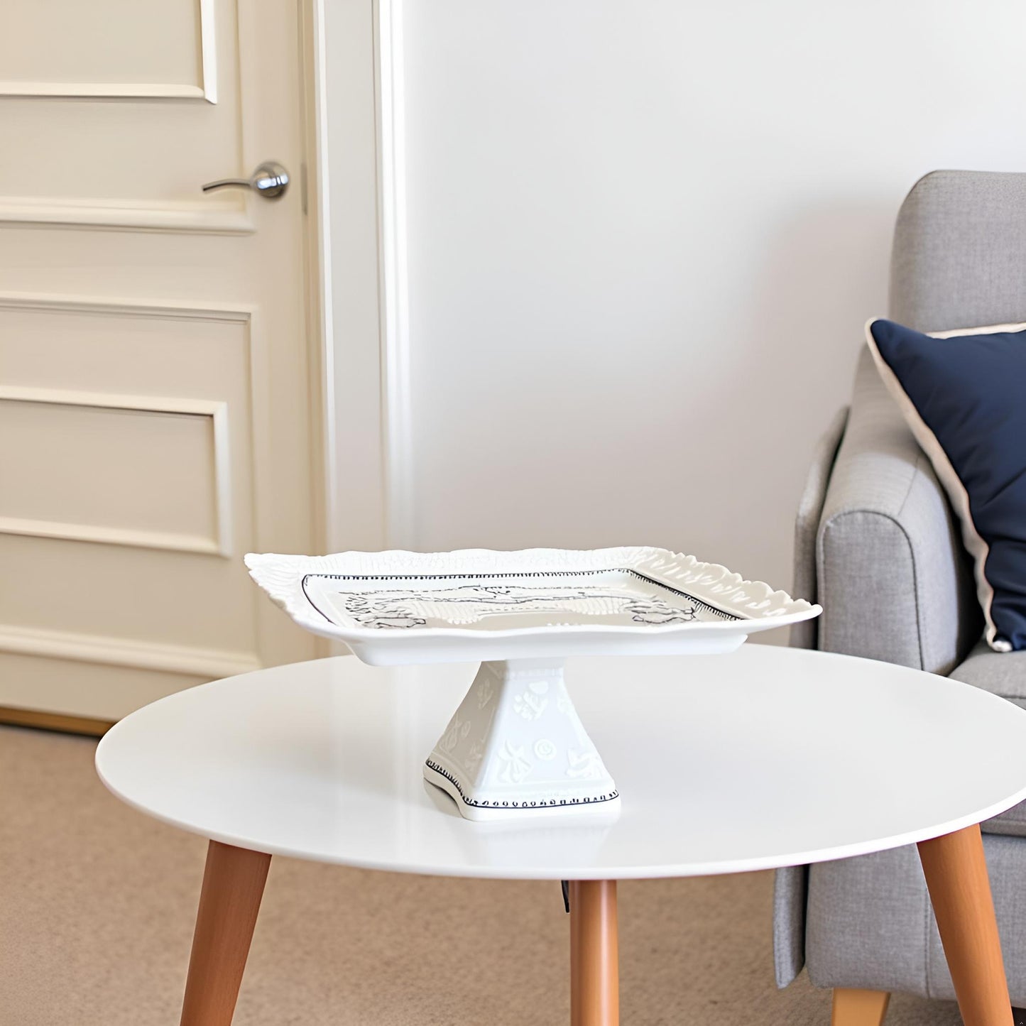 Elegant White Ceramic Cake/Snacks Stand with Blue Detailing (M)