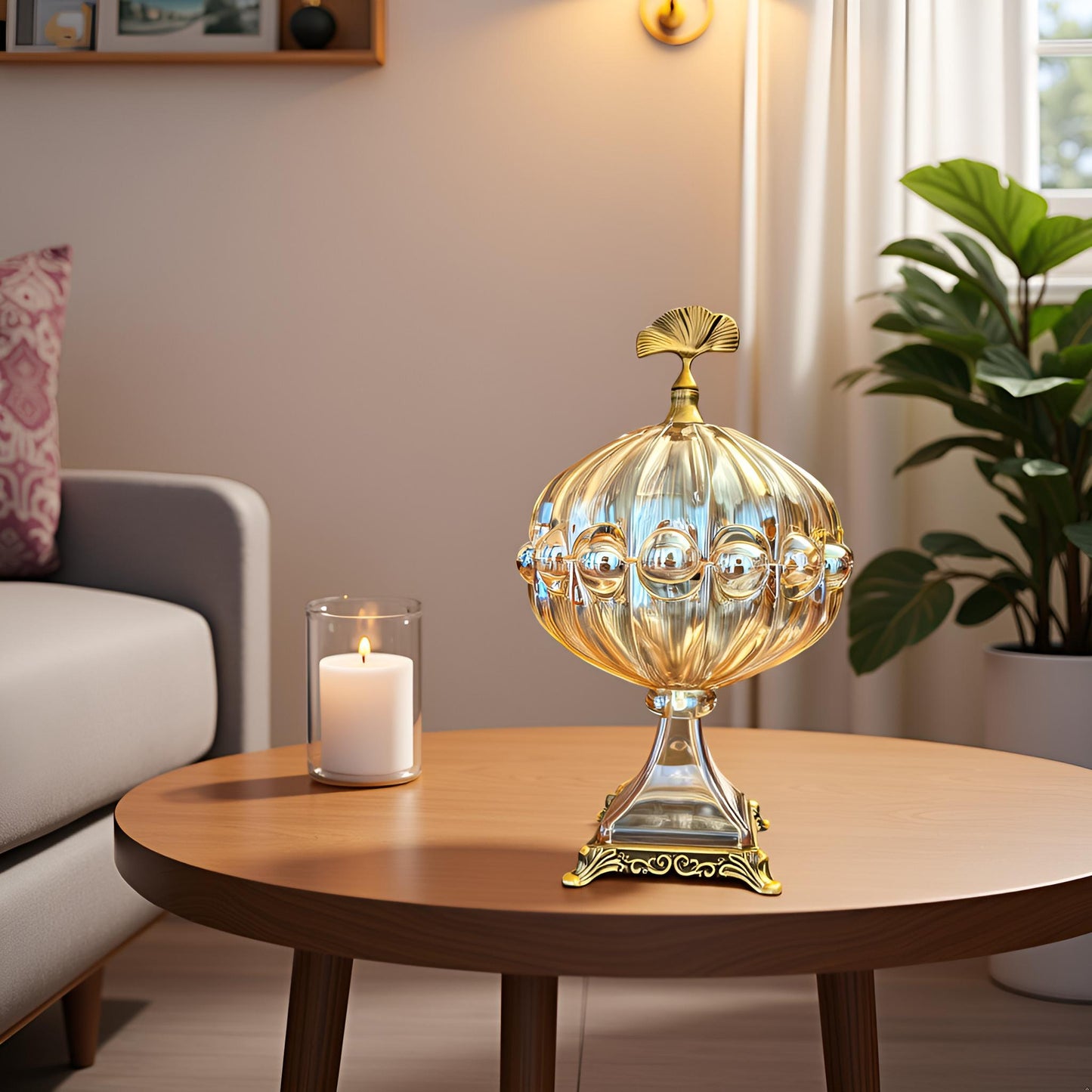 Luxury Crystal Glass Decorative Jar with Golden Base & Lid