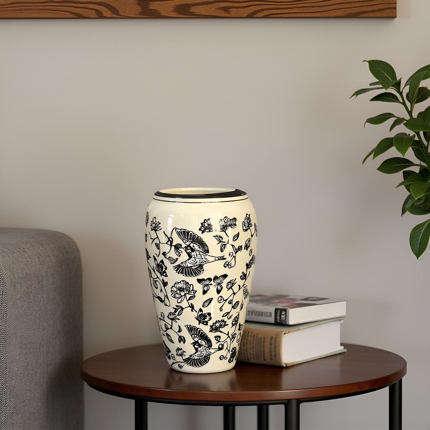 Elegant Black & White Ceramic Vase with Bird and Floral Design (Large)