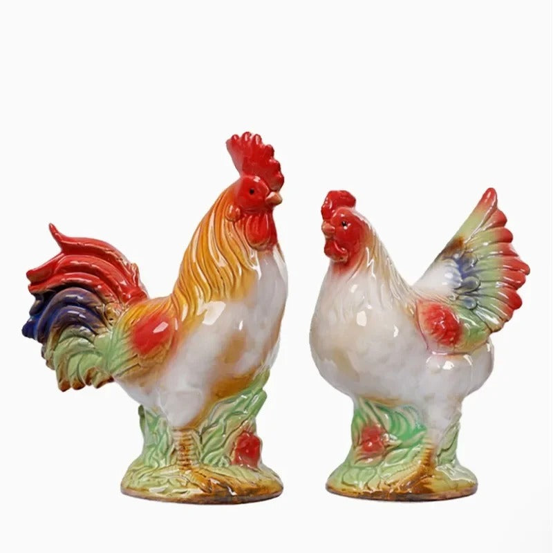 Ceramic Rooster & Hen Figurine - Set of 2 pieces (Big)