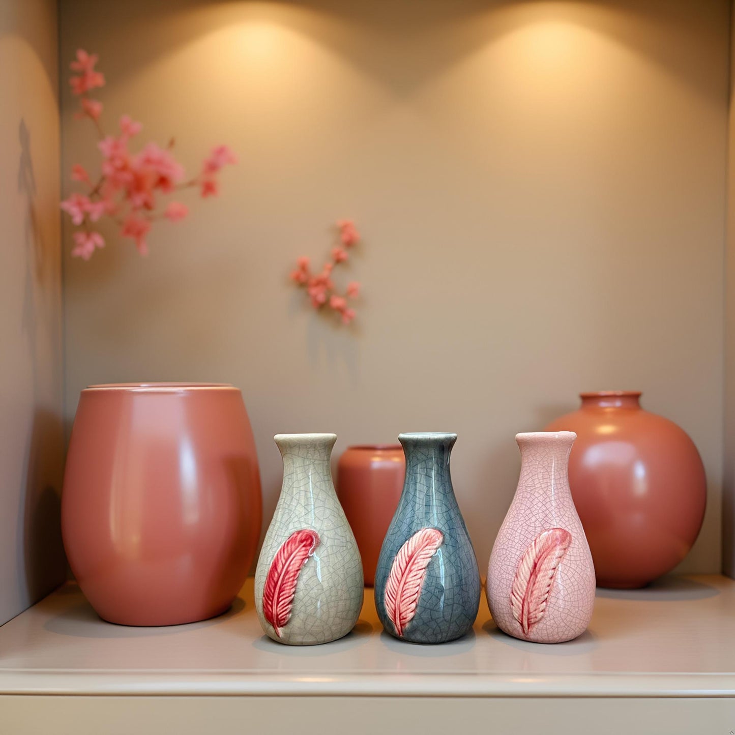 Artisan Ceramic Vases with Feather Motif Set of 3