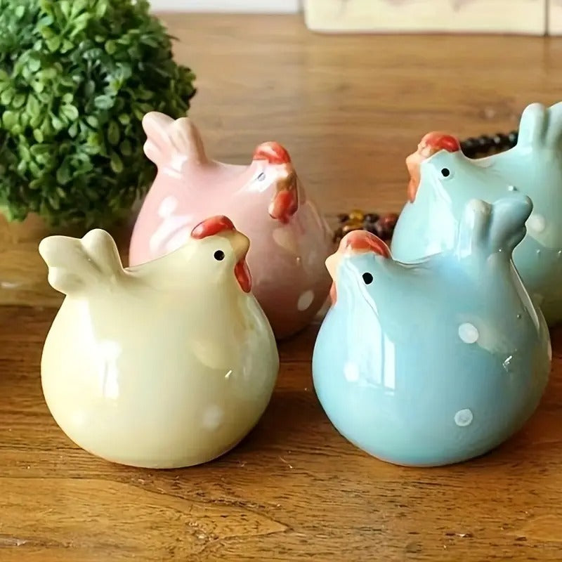 Colorful Rooster & Hen Ceramic Figurine | Set of 4 | SMALL